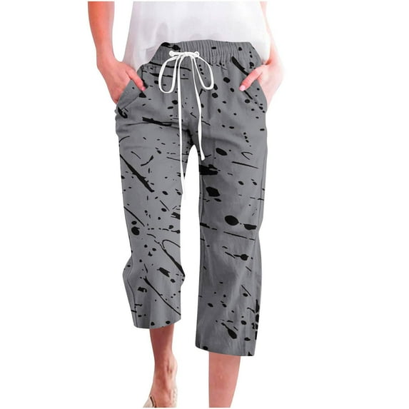 CaComMARK PI Womens Pants Plus Size Capris Solid Color Print Elastic Slacks Loose Cropped Trousers