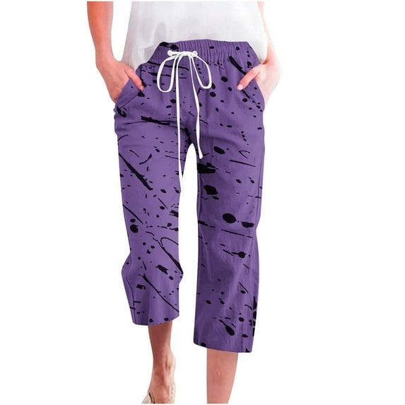 CaComMARK PI Womens Pants Plus Size Clearance Capris Solid Color Print Elastic Slacks Loose Cropped Trousers