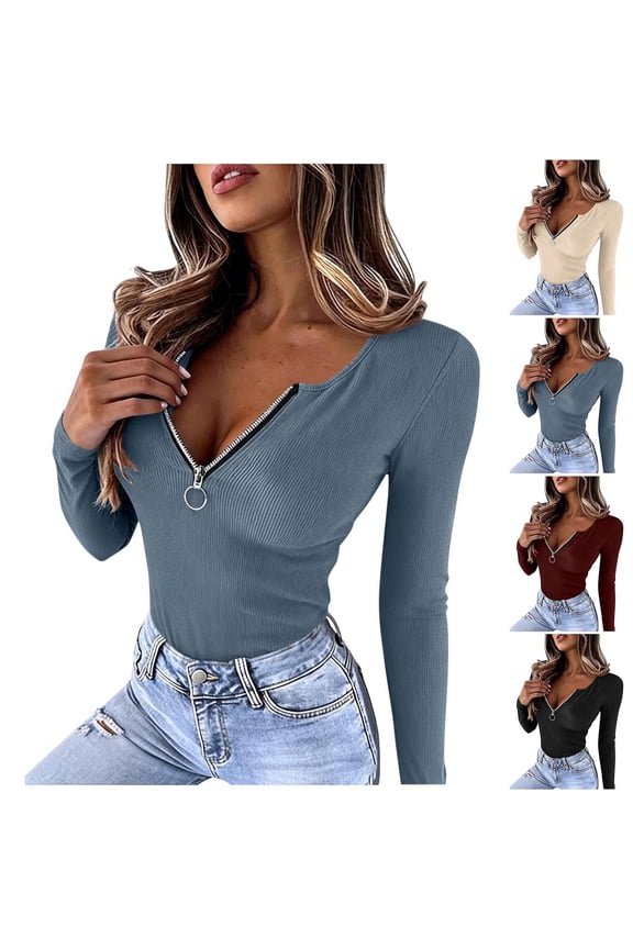 Womens Tops Long Sleeve Henley Shirts Fitted Low Cut Tops Ribbed Zipper V Neck Fall Shirts Blouses Wine