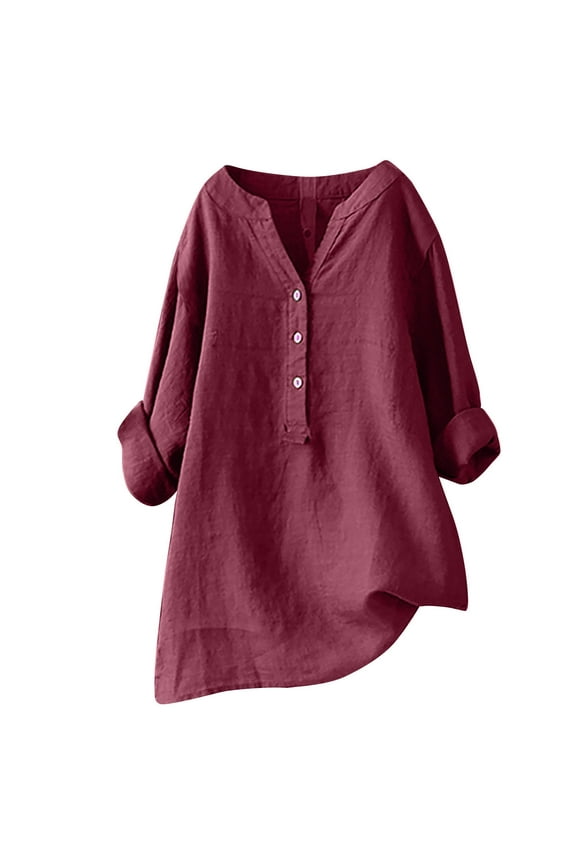 Womens Tops Plus Size Shirts V-Neck Long Sleeve Loose Button Cotton Linen Tunic Blouse