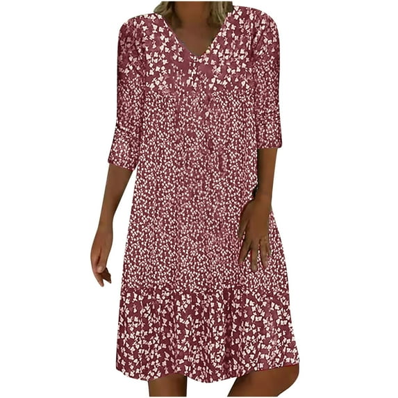 CaComMARK PI Womens Tops Plus Size Women Summer Casual V-Neck Print 3/4 Sleeve Fold Mini Dress Red