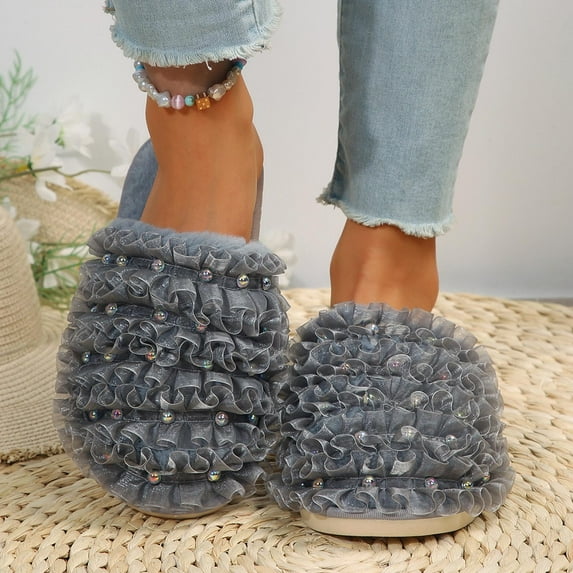 CaComMARK PI Womens Winter Fuzzy House Slippers plus size home mesh webbing beading Flats Warm Slippers s today