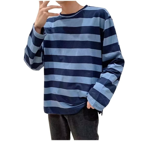 CaComMARK Shirts for Men's Basic Solid Color Sweatshirts Long Sleeve Round Neck Relaxed Fit Tops with Raw Hem Blue-F L