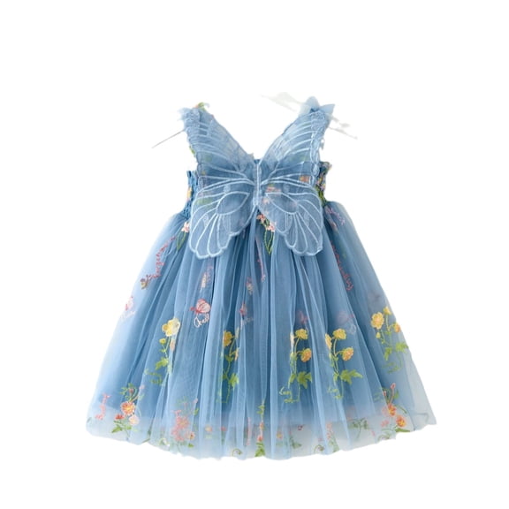 CaRilo children's girls' party dress, customized blue butterfly dress, suitable for little girls aged 3-10, suitable for birthdays, parties and other occasions