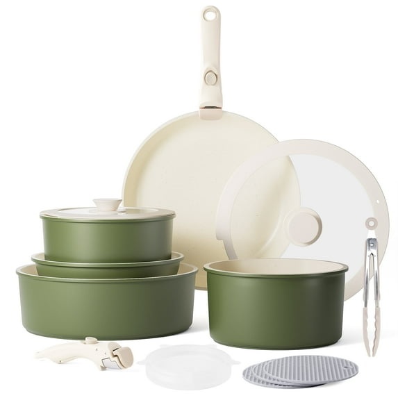 Caannasweis Nonstick Cookware Set, 15 Pieces, Stackable, Space-saving, Detachable Handle, Induction Pots and Pans