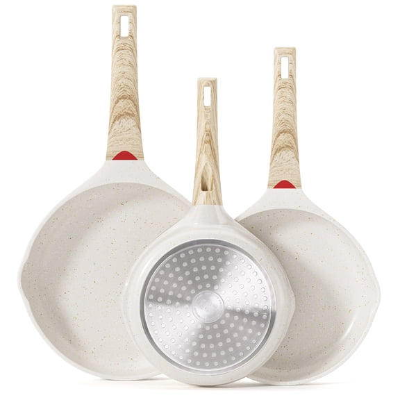 Caannasweis Nonstick Granite Frying Pan Set, 3 Pieces, Aluminum Cooking Pans, Beige