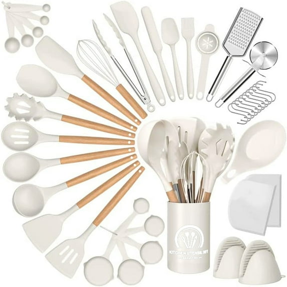 Caannasweis 44 Pieces Kitchen Cooking Utensils Set Non-Stick Silicone Cooking Kitchen Utensils Spatula Set with Holder White