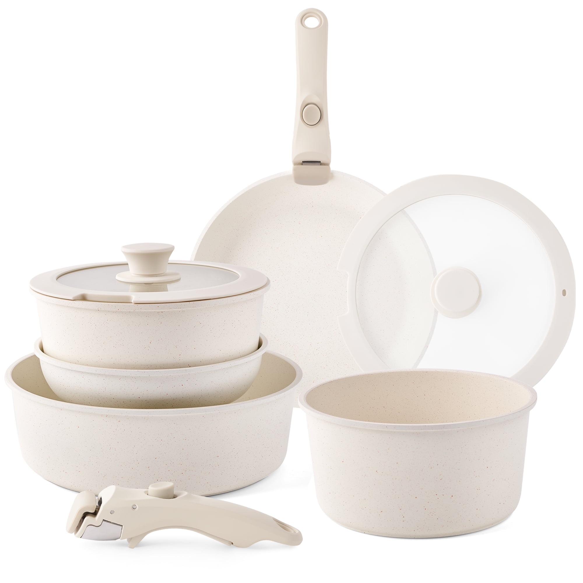 Caannasweis Pots and Pans Set Nonstick, Detachable Handle Cookware Sets,  Stackable Induction Kitchen Cookware with Removable Handle, Non Stick RV  and Camping Cookware, Dishwasher and Oven Safe, Beige