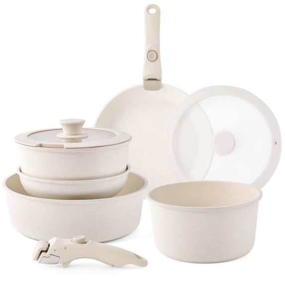 Caannasweis 9 Piece Nonstick Aluminum Stackable Cookware Set, Beige