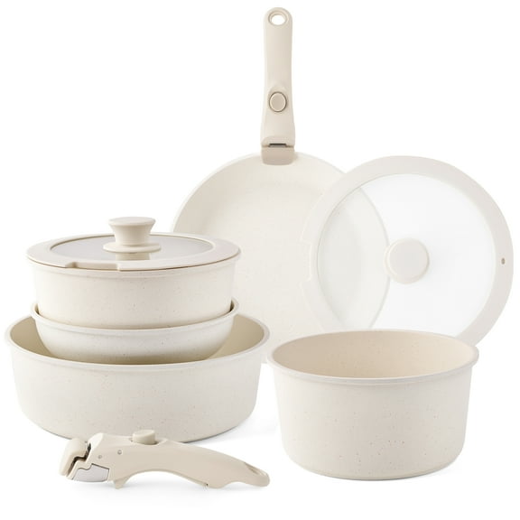 Caannasweis 9 Piece Nonstick Aluminum Stackable Cookware Set, Beige