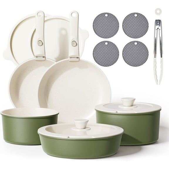 Caannasweis Detachable Nonstick Cookware Set - Stackable Induction Pots and Pans With Removable Handles, Dishwasher Safe - For RV Camping, Oven and Stovetop Use, 5 Pieces (Green)
