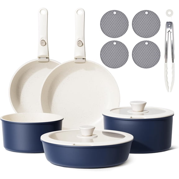 Caannasweis Detachable Nonstick Cookware Set - Stackable Induction Pots and Pans With Removable Handles, Dishwasher Safe - For RV Camping, Oven and Stovetop Use, 5 Pieces (Green)