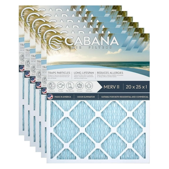 Cabana Filters 20 x 25 x 1 HVAC Furnace Air Filter Replacement, MERV 11, 6 Pack
