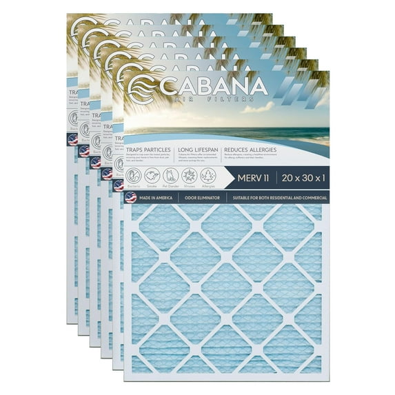 Cabana Filters 20 x 30 x 1 HVAC Furnace Air Filter Replacement, MERV 11, 6 Pack