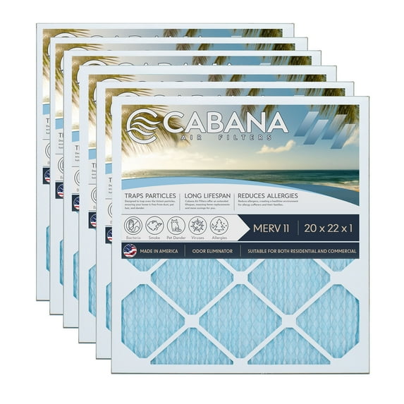 Cabana Filters 20 x 22 x 1 HVAC Furnace Air Filter Replacement, MERV 11, 6 Pack