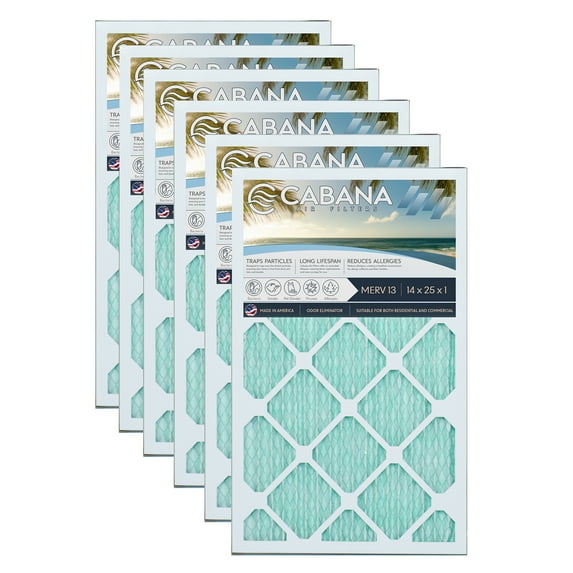 Cabana Filters 14 x 25 x 1 HVAC Furnace Air Filter Replacement, MERV 13, 6 Pack