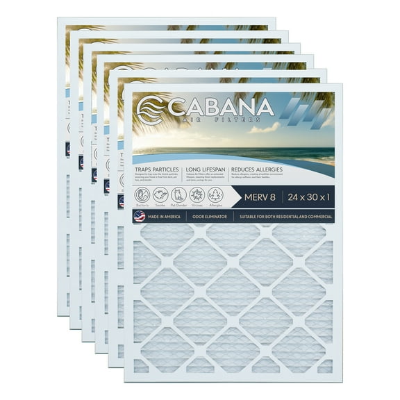 Cabana Filters 24 x 30 x 1 HVAC Furnace Air Filter Replacement, MERV 8, 6 Pack