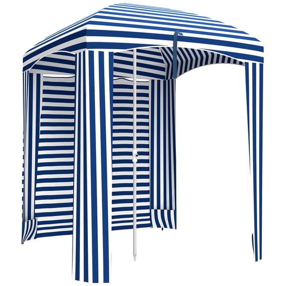 Cabana Beach Umbrella with Walls, 5.9' x 5.9' Polyester Sun Shade Canopy with Vents, Ruffles and Carry Bag, Blue and White Stripe Portable Outdoor Parasol for Sand and Beach Use