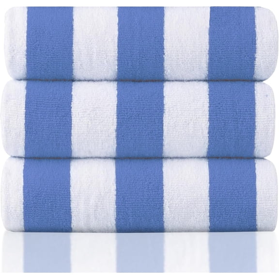 Cabana Stripe Beach Towels 3-Pack, 100% Cotton, Soft & Absorbent, White with Blue Stripes, 30 x 60 Inch Pool & Beach Towels