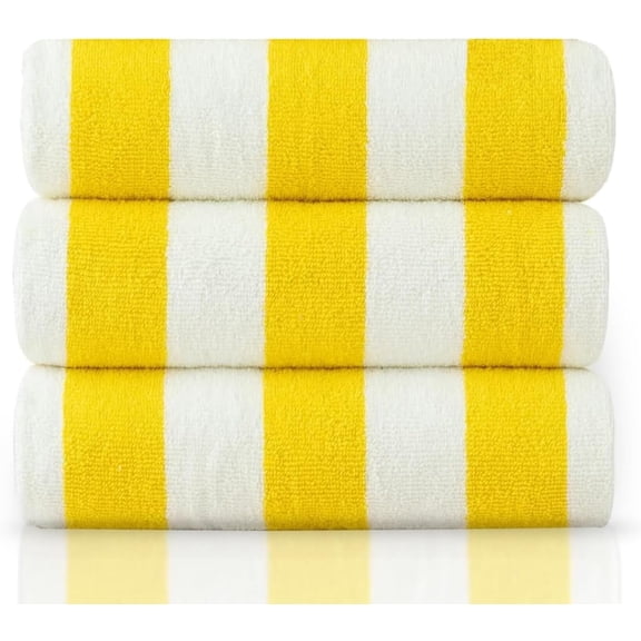 Cabana Stripe Beach Towels 3-Pack, 100% Cotton, Soft & Absorbent, White with Yellow Stripes, 30 x 60 Inch Pool & Beach Towels