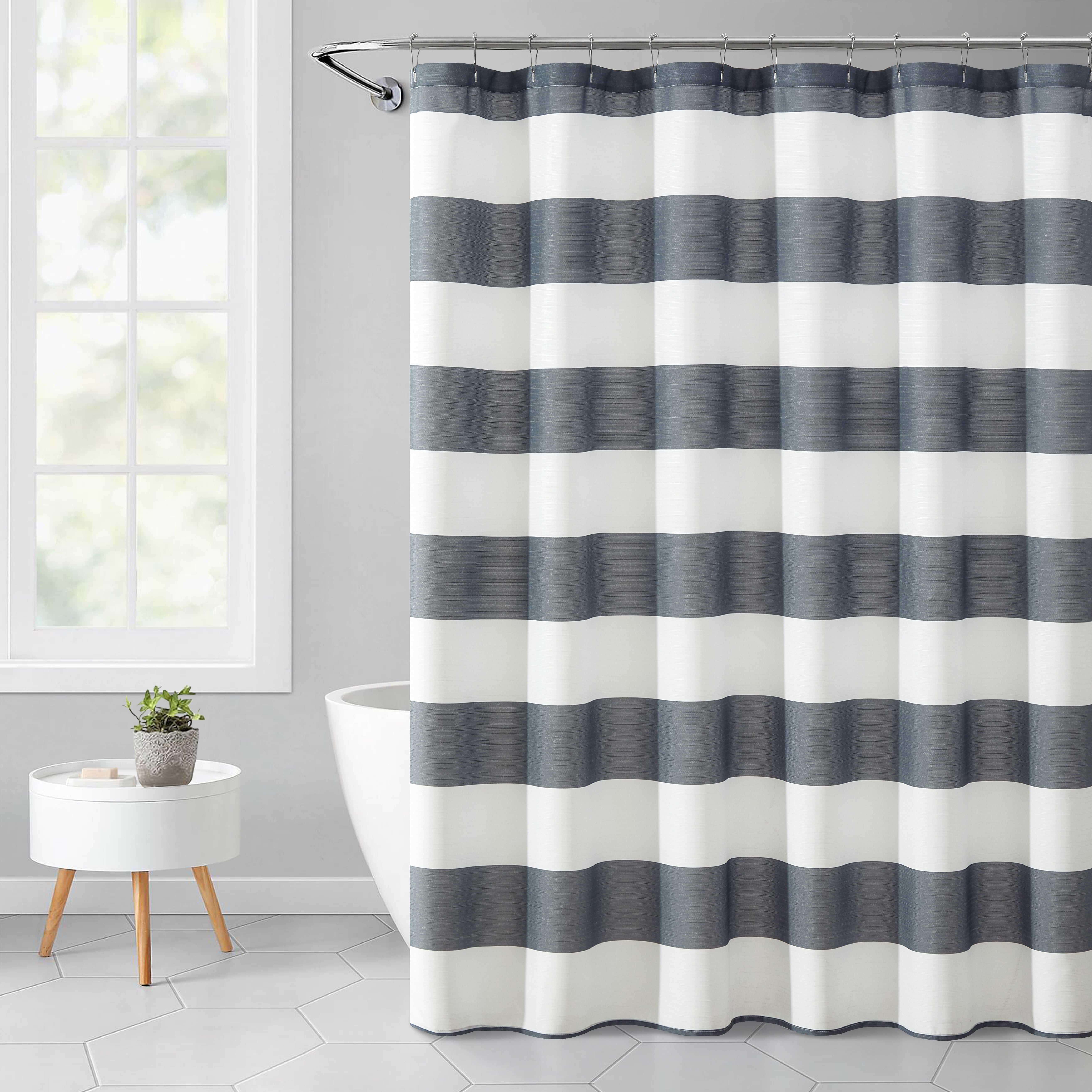 Cabana Striped Printed, Gray, 72" x 72", Ribbed Textured Shower Curtain + Medium Weight PEVA Shower Curtain Liner