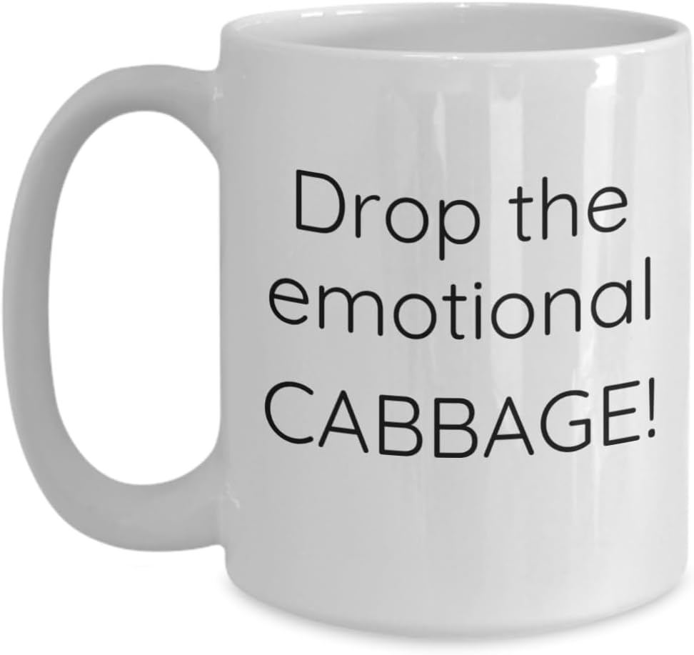 Cabbage Coffee Mug Gift, White ceramic cup with witty quote 'Drop the