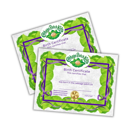 Cabbage Doll Baby Adoption Certificate Patch 30pk 8.5x11 Paper Stuffed Animal Old Vintage Rare Dates Signed Dr. Birth Green Purple Mini Figurine Little People