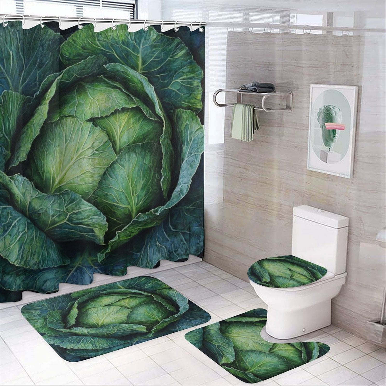 Cabbage Leaves Picture 4Pcs Shower Curtain Set with Rugs with Rugs ...