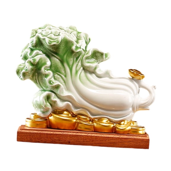 Cabbage Sculpture Ceramic Decor Wood Base Handmade Ornament for Home Office Traditional Desk Decoration