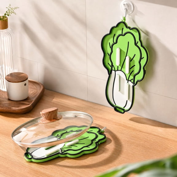 Cabbage Shaped Pot Lid Holder, Heat Resistant PVC Spoon Rest and Kitchen Trivet with Raised Utensil Slots and Hanging Loop, Space Saving Countertop Organizer for Cooking Accessories