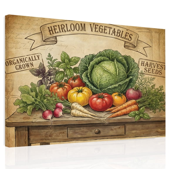 Cabbage Tomatoes Carrots Canvas Print Wall Art, Onions Herbs Harvest Farmhouse Wall Decor Modern Artwork Paintings Pictures for Living Room Framed and Stretched Ready to Hang 24" x 32"