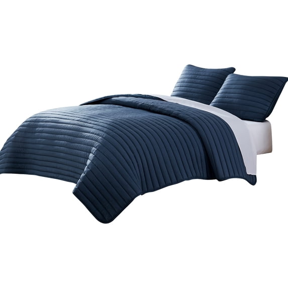 3 Piece Queen Comforter Set Polyester Puffer Channel Quilt Blue Polyurethane