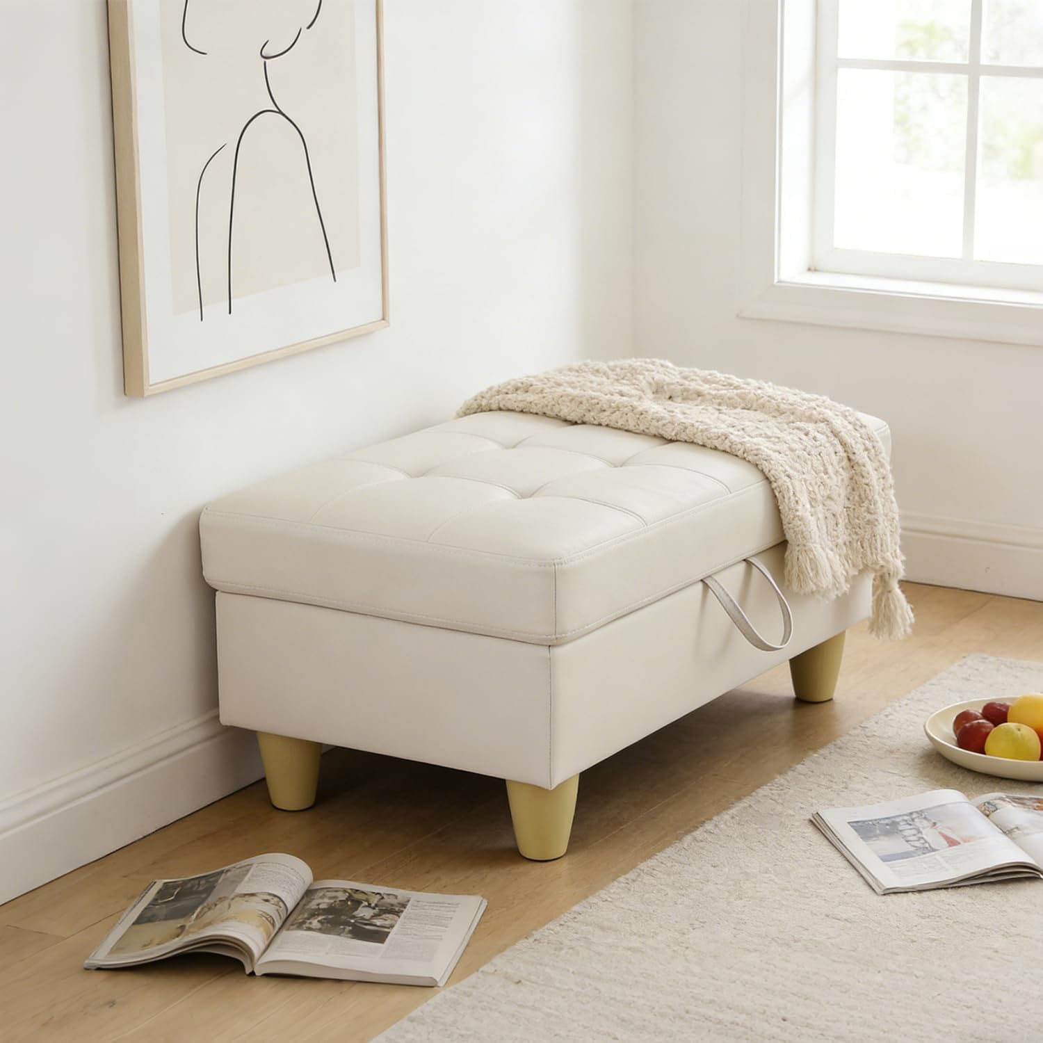 Caberryne 34" Leather Storage Ottoman,Leather Storage Ottoman with Lid Lifting Function Pure Cream,Oversized Tufted Storage Coffee Table,Leather Storage for Living Room/Bedroom/Office