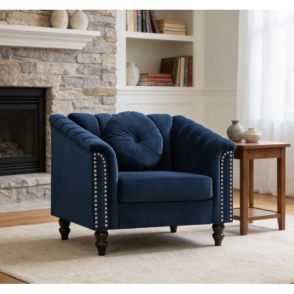 Caberryne Chesterfield Sofa Couch, Chesterfield Chair with Rolled Armrests and Throw Pillows, Velvet Modern Living Room Couch with Rivets for Apartment, Office, RV(Blue)