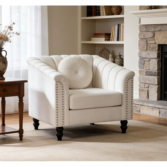 Caberryne Chesterfield Sofa Couch, Chesterfield Chair with Rolled Armrests and Throw Pillows, Velvet Modern Living Room Couch with Rivets for Apartment, Office, RV(Cream)