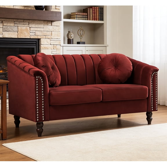 Caberryne Chesterfield Sofa Couch, Chesterfield Loveseat with Rolled Armrests and Throw Pillows, Velvet Modern Living Room Couch with Rivets for Apartment, Office, RV(Red)