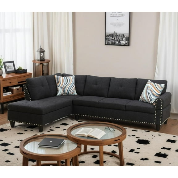 Caberryne Fabric Sectional Sofa for Living Room Furniture Set, L-Shape Sofa Sectional Couch with Hidden Table for Living Room/Office/Small Space/Apartment(A-Black)
