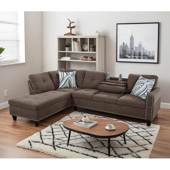 Caberryne Fabric Sectional Sofa for Living Room Furniture Set, L-Shape Sofa Sectional Couch with Hidden Table for Living Room/Office/Small Space/Apartment(A-Gray)