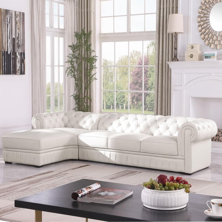 Caberryne Genuine Leather Sectional Couch, Cream L Shape Sofa with 5 Seaters for Living Room Furniture Set, Chesterfield Top Grain Leather Couches