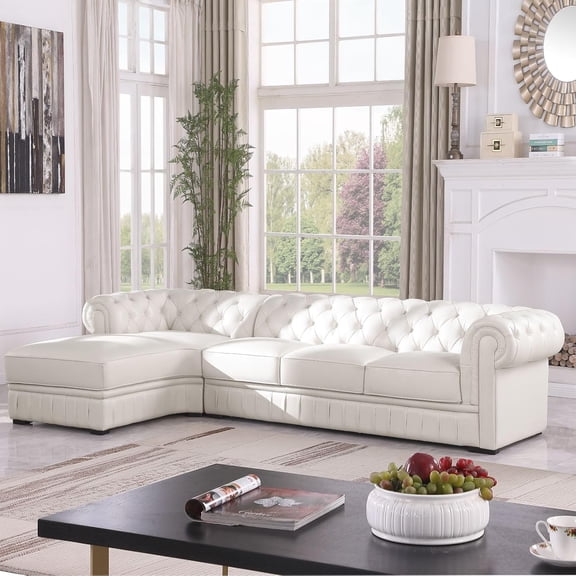 Caberryne Genuine Leather Sectional Couch, Cream L Shape Sofa with 5 Seaters for Living Room Furniture Set, Chesterfield Top Grain Leather Couches with Button Tufted Design for House