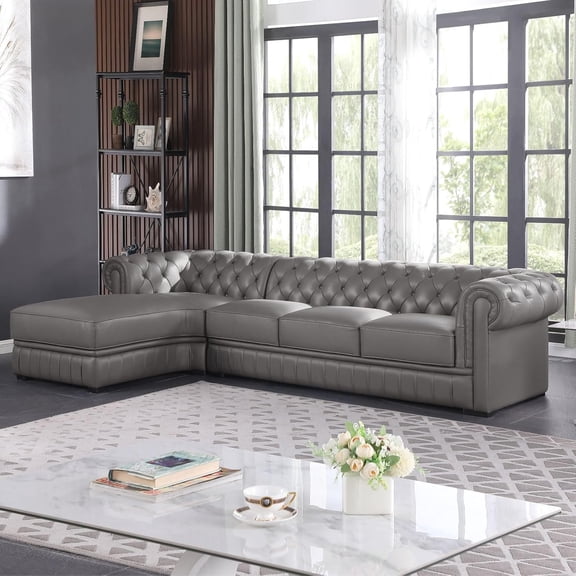 Caberryne Genuine Leather Sectional Couch, Gray L Shape Sofa with 5 Seaters for Living Room Furniture Set, Chesterfield Top Grain Leather Couches with Button Tufted Design for House