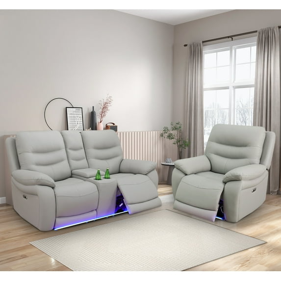 Caberryne Leather Recliner Sofa Set for Living Room Furniture Set, Power Reclining Loveseat and Chair with LED Lights/Charging Ports/Deep Seats for House/Home Theater(3 Seater)