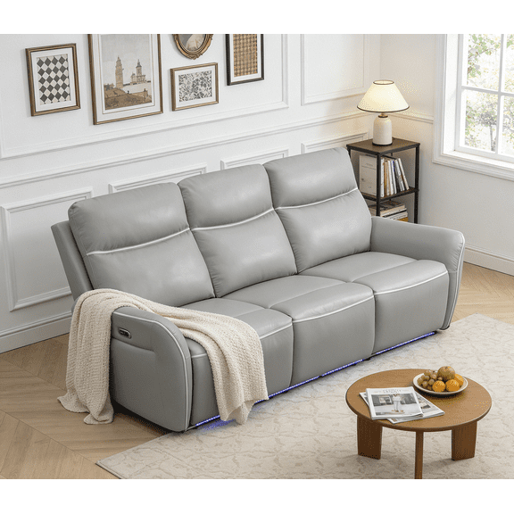 Caberryne Leather Recliner Sofa Set for Living Room Furniture Set, Power Reclining Sofa Couch with LED Lights/Coffee Table/Wireless Charging for House/Home Theater(3 Seater)
