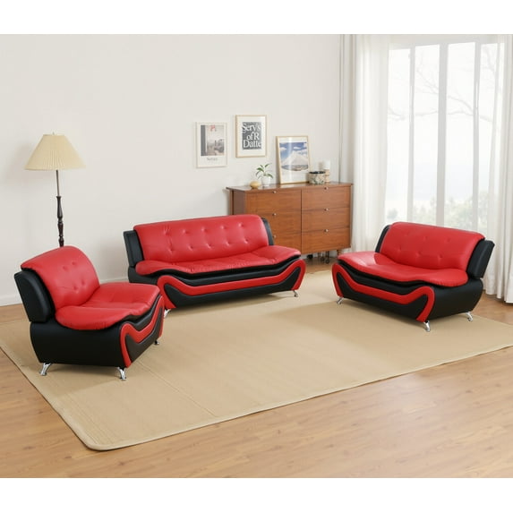 Caberryne Leather Sectional Couch for Living Room Furniture Sets, Leather Sofa with Button Tufted Design for Living Room/Office/Bedroom/Apartment(Red)