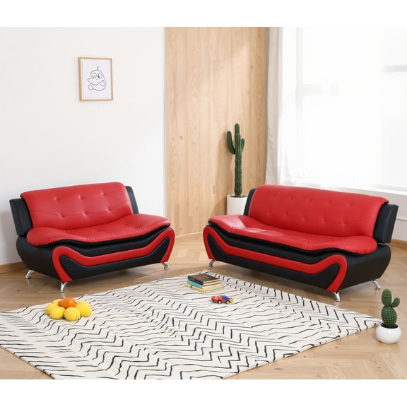 Caberryne Leather Sectional Couch for Living Room Furniture Sets, Leather Sofa and Loveseat Set with Button Tufted Design for Living Room/Office/Bedroom/Apartment(Red)