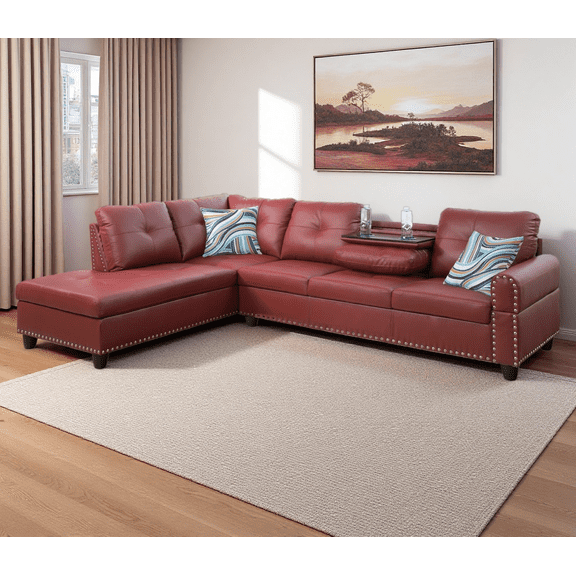 Caberryne Leather Sectional Sofa for Living Room Furniture Set, L-Shape Sofa Sectional Couch with Hidden Table for Living Room/Office/Small Space/Apartment(A-Red)