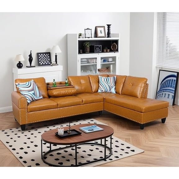 Caberryne Leather Sectional Sofa for Living Room Furniture Set, L-Shape Sofa Sectional Couch with Hidden Table for Living Room/Office/Small Space/Apartment(B-Ginger)