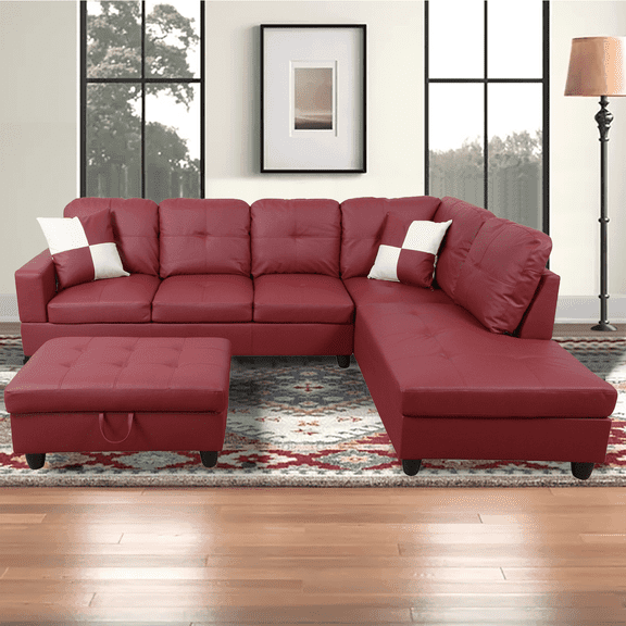 Caberryne Leather Sectional Sofa for Living Room Furniture Set ,Sectional Couch Set L Shape Sofa with Storage Ottoman for Living Room/Apartment(Red,Facing Right Chaise)