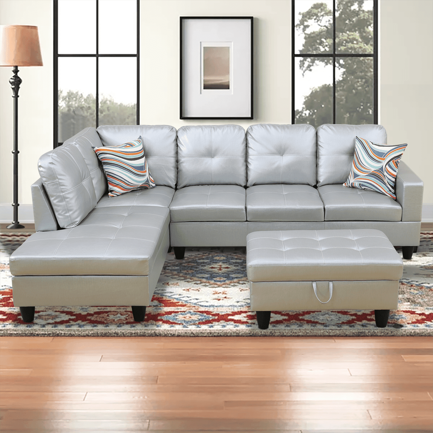 Caberryne Leather Sectional Sofa for Living Room Furniture Set ,Sectional  Couch Set L Shape Sofa with Storage Ottoman for Living Room/Apartment（Silver,Facing  Left Chaise） - Walmart.com, image size:1500x1500