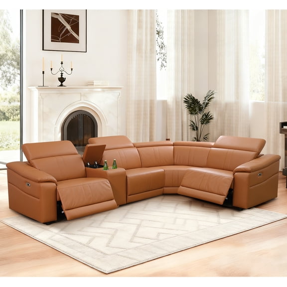 Caberryne Power Recliner Sectional Sofa for Living Room, Power Leather Corner Sectional Couch with Dual Recliners, L Shaped Couch with Storage Console/Cup Holders/30'' Super Wide Seat(Ginger)